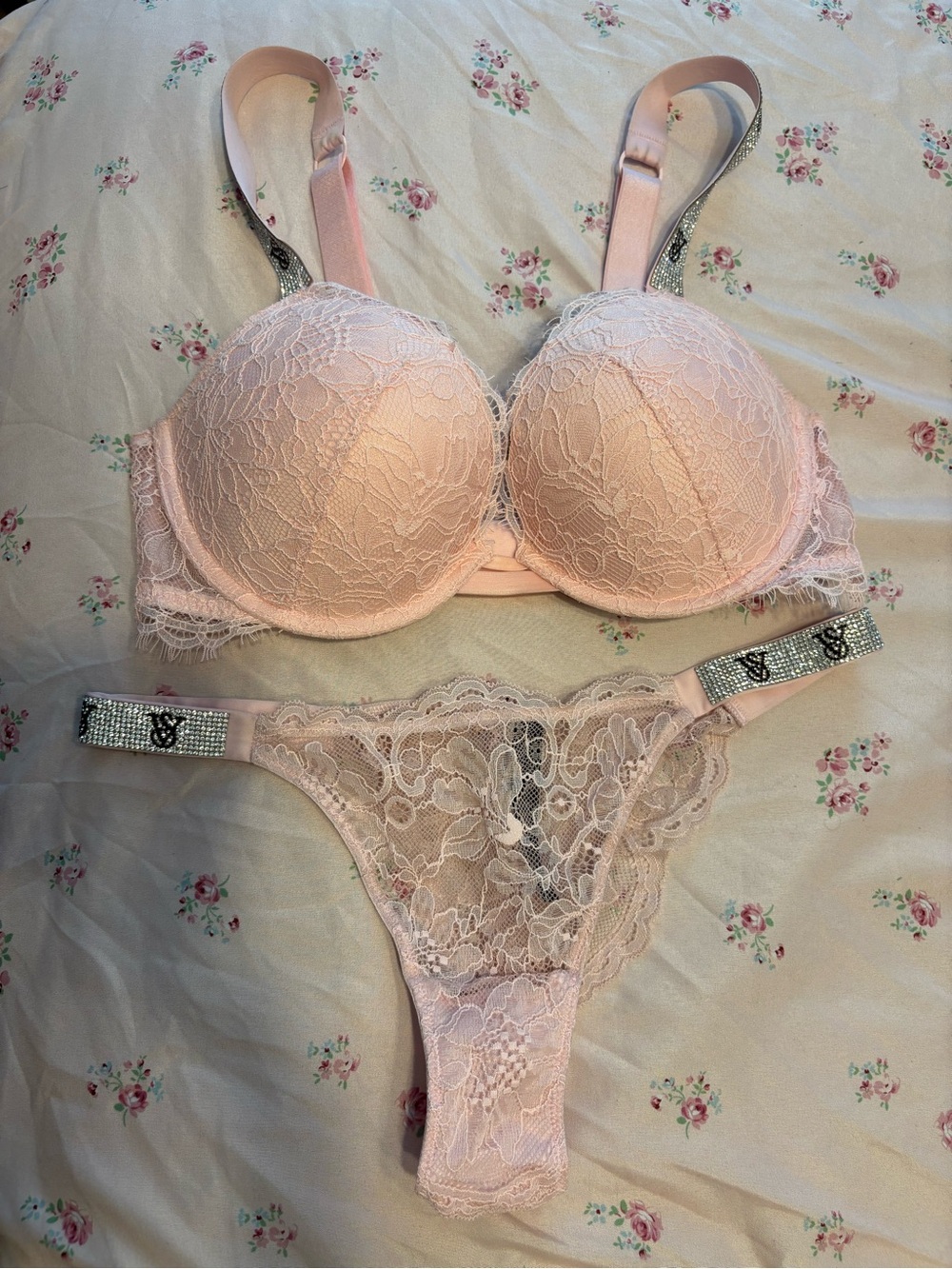Victoria's Secret Light Pink Lace Push-Up Bra with Rhinestone Thong